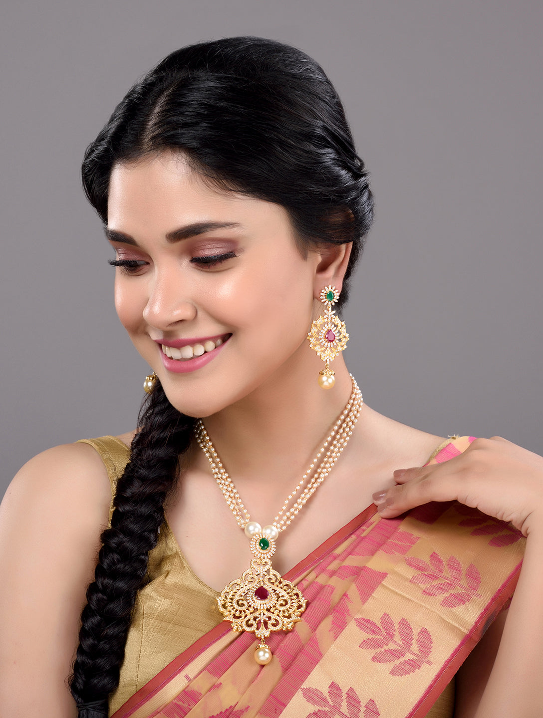 Gold Plated Multi AD & Pearl Studded Hand Crafted Traditional Pendant Necklace Earrings Set